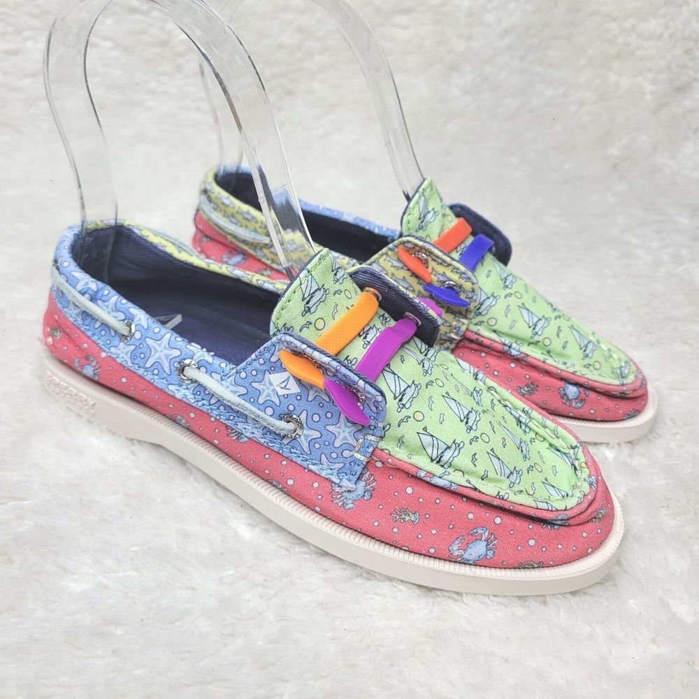 SPERRY X VINEYARD VINES AO PATCHWORK BOATS CRABS STARFISH SHOES GIRLS SIZE 2 NEW